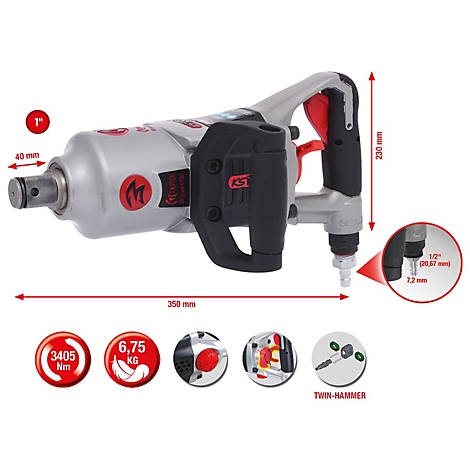 Ein silberner Schlagschrauber mit roten Akzenten, Größenangaben, und technischen Details wie Drehmoment und Gewicht.